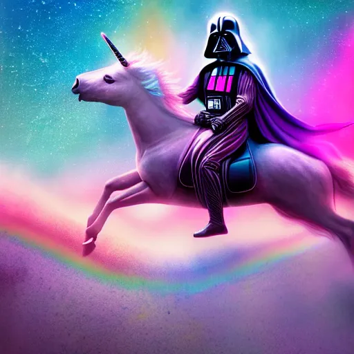 Image similar to beautiful matte painting, rainbow colored pink pink darth vader wearing pink wearing pink, riding a unicorn, riding a unicorn, riding a one-horned unicorn over a glittering rainbow, in psychedelic space, by lisa frank and dan mumford, octane render, HDR, vivid color, volumetric lighting, unreal engine, concept art, CGsociety, trending on artstation