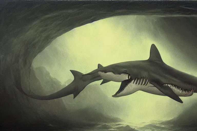 Prompt: giant shark cursed by the bite, painted by bob eggleton and lee brown coye and don maitz and michel granger, trending on artstation, dark atmospheric lighting rear view sacred geometry, tintype, portrait, positivism, tachisme