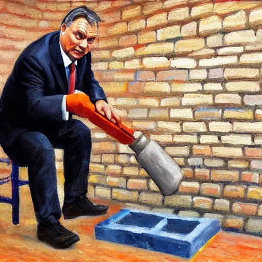 Image similar to viktor orban laying bricks, oil painting