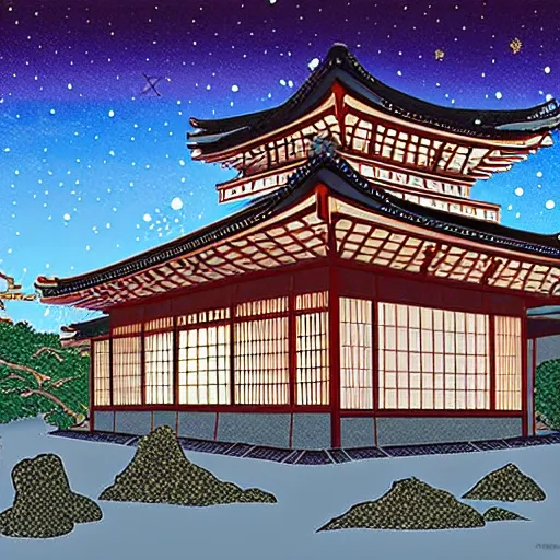 Image similar to An old traditional Japanese house by masashi kishimoto, a bright night sky