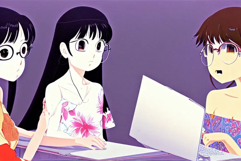 Image similar to portrait of two wise and very beautiful women discussing some texts appearing in a computer screen, art by mamoru hosoda, intricate, elegant, highly detailed, smooth, sharp focus, artstation