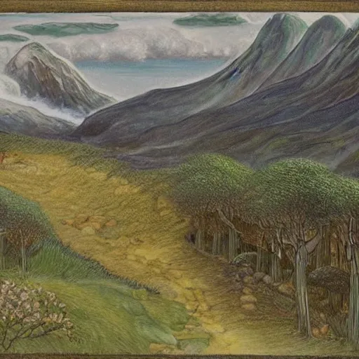 Image similar to Rarely Seen Paintings by Tolkien Portray a Lush ‘Lord of the Rings’ Landscape