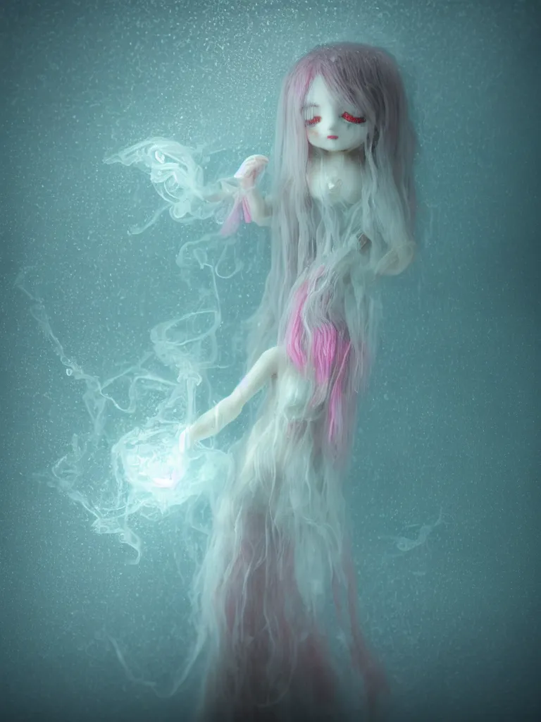 Prompt: cute fumo plush doll of an otherworldly translucent jellyfish goth girl floating in the deep sea, mysterious tattered maiden tendrils and dress, heavy rain reflective water, glowing lens flare wraith girl, wisps of volumetric fog and smoke in refracted vortices, vignette, bokeh, vray