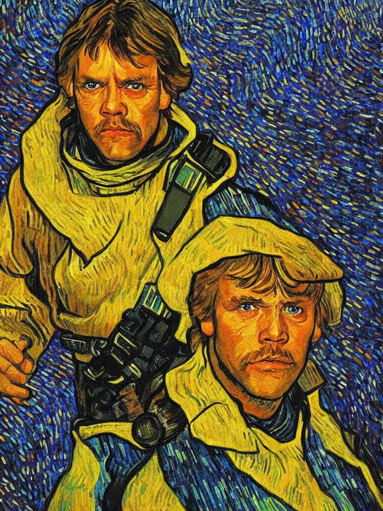 Image similar to bright beautiful oil painting portrait of luke skywalker with a missing ear, light scatter, van gogh