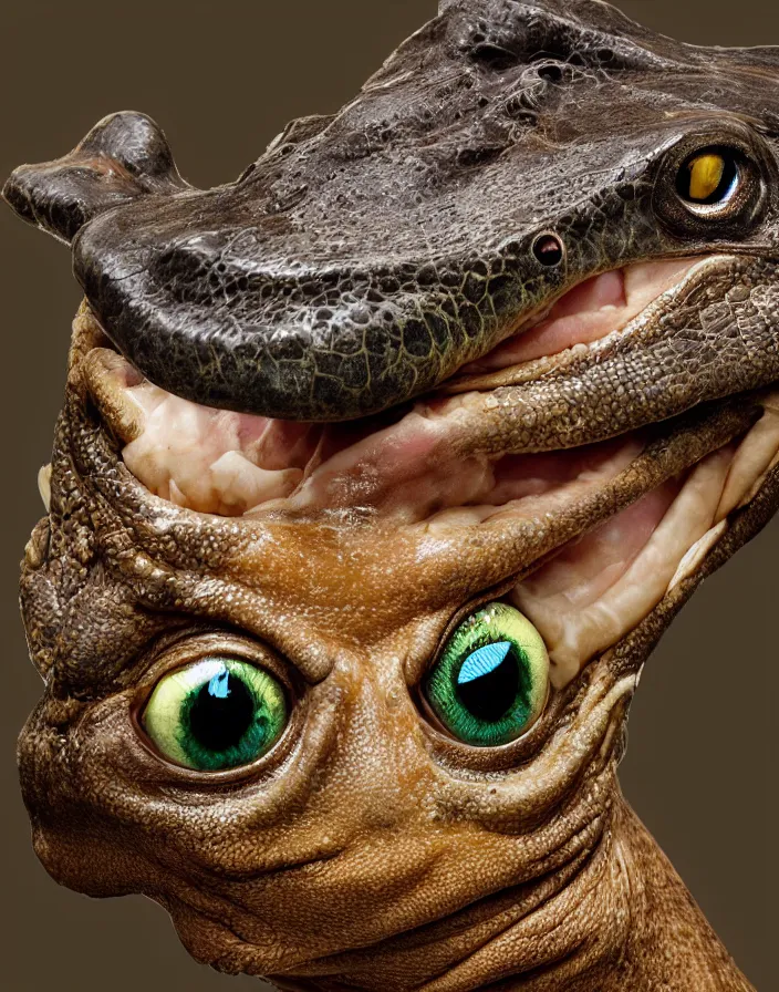 Image similar to high resolution photo portrait of muscular animal human merged head dolphin snake goat skin ears, background removed, scales skin frog dog rat, alligator cat merged bird head cow, chicken face morphed fish head, gills, horse head animal merge, morphing dog head, animal eyes, merging crocodile head, anthropomorphic creature