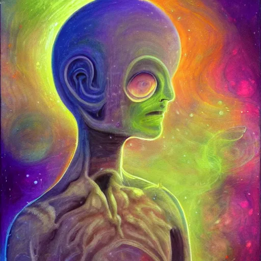 Image similar to painting of a tranquil alien made of light and glows meditating in dense forest by Terence McKenna, acrylic art, ethereal, soothing, somber, elegant, warm light, cozy, breathtaking,