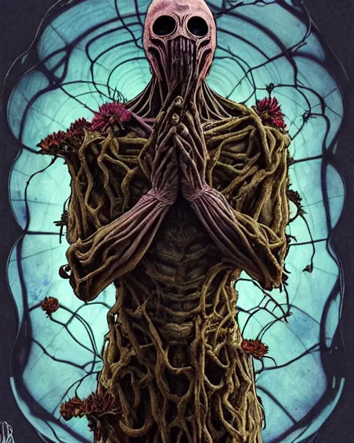 Image similar to the platonic ideal of flowers, rotting, insects and praying of cletus kasady ultimate carnage thanos dementor doctor manhattan chtulu nazgul bioshock davinci, d & d, detailed, intricate, hyperrealism, intense, scary, decay, dmt, art by brock hofer and artgerm and greg rutkowski and alphonse mucha