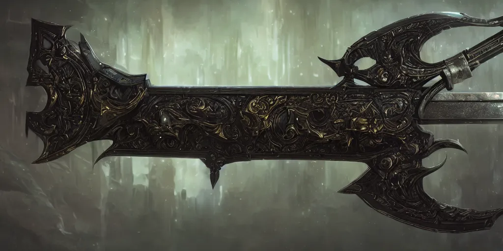 Image similar to legendary cybernetic sword lying flat on a glowing table with a long sharp black and iridescent sword blade, digital award winning hd matte painting, intimate dark moody, intricate, ornate spikes, colorful hilt, detailed realistic, raytraced blade, colored gems, future golden technological pommel, in the style of greg rutkowski and krenz cushart, deviantart