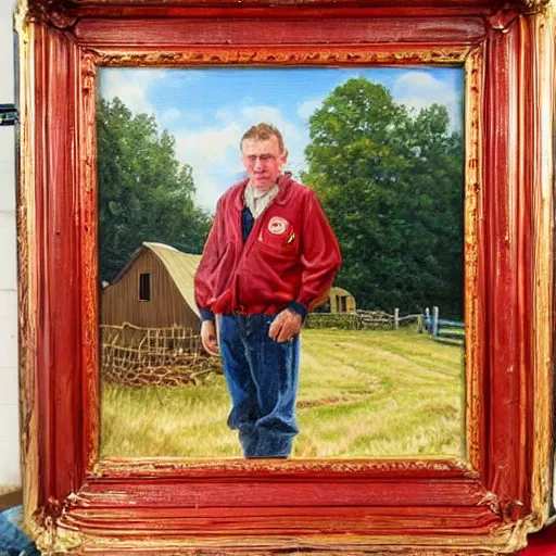 Prompt: a proud englishman farmer showing off his prized red ribbon hog at the county fair, oil painting