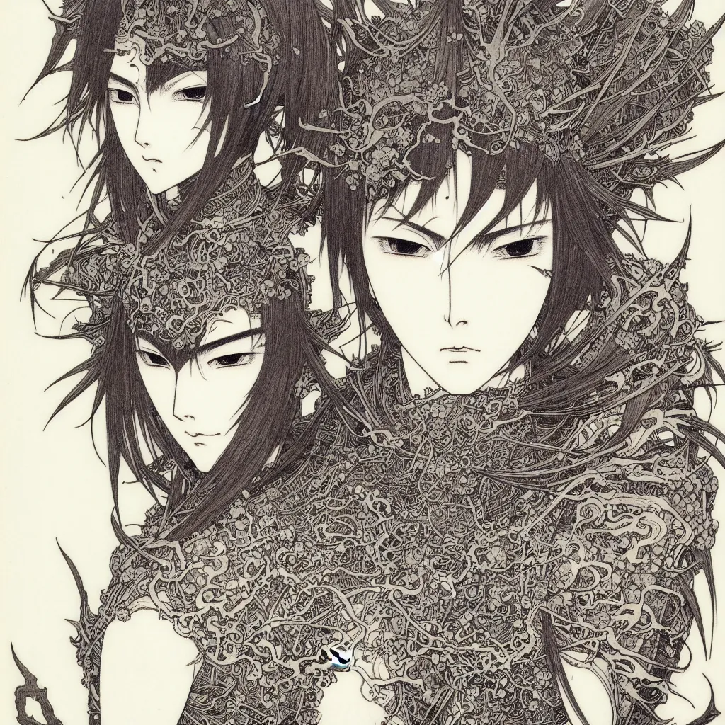 Prompt: prompt: human Fragile looking character portrait face drawn by Takato Yamamoto, Human inside modernistic looking armor with wild hairstyle, inspired by Evangeleon, clean ink detailed line drawing, intricate detail, manga 1980, poster composition