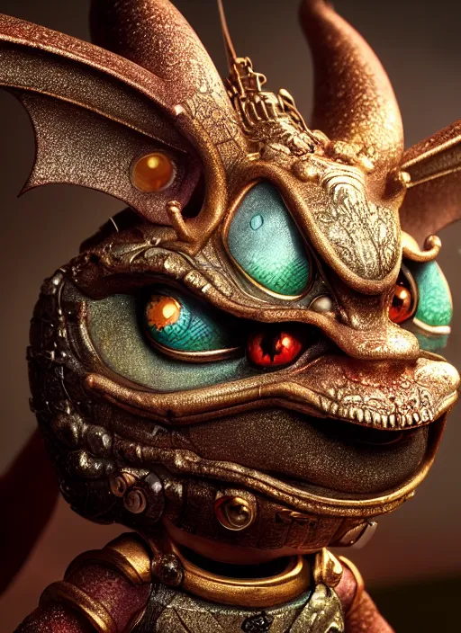 Image similar to highly detailed closeup portrait of a tin toy fairytale dragon, unreal engine, nicoletta ceccoli, mark ryden, earl norem, lostfish, hyung tae, frank frazetta, global illumination, detailed and intricate environment