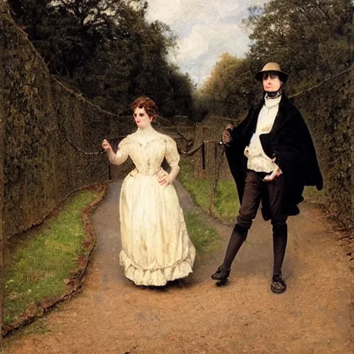 Prompt: young victorian man and woman adventuring in a maze, painted by alfred stevens