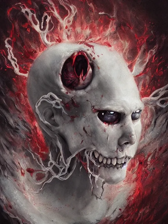 Image similar to painting by greg rutkowski of a flying sorrowful looking severed human head with tears running down it's eyes, face that is chalk white in color, with long sprawling white tentacles stemming down it's neck, fiery scorching red eyes, flying in a terrying hellish dark cavernous place