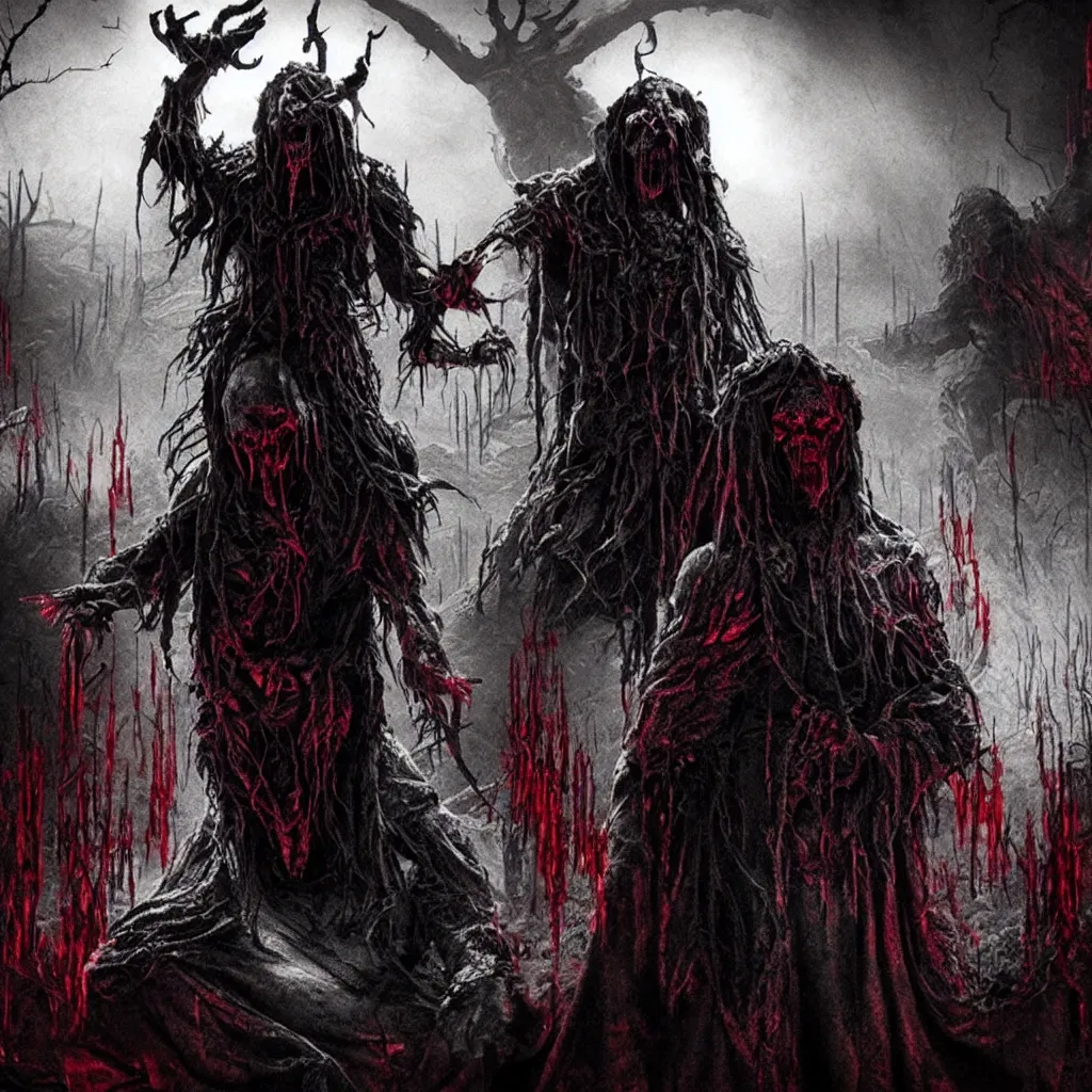 Image similar to bloodcult members summon an abomination, dark and mysterious, atmospheric, ominous, eerie, cinematic, 4k, ultra detail, ultra realistic