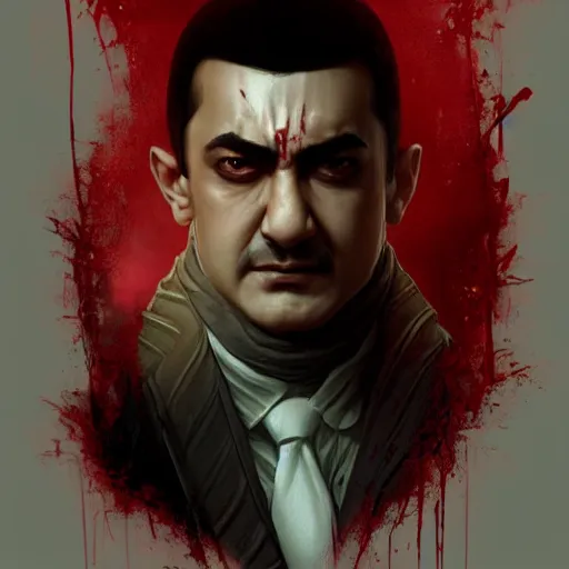 Image similar to portrait of aamir khan upper body in bloody business suit, blood red eyes, vampire fangs, fantasy, intricate, elegant, highly detailed, digital painting, artstation, concept art, matte, sharp focus, illustration, art by aenaluck and roberto ferri and greg rutkowski, epic fantasy, digital painting