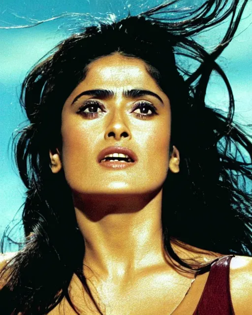 Image similar to film still of closeup portrait of young beautiful salma hayek in from dusk till dawn 1 9 9 6, octane, arney freytag, glamour pose,