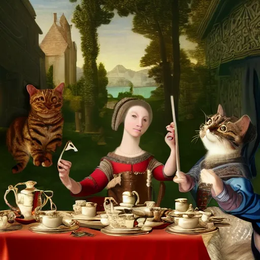 Prompt: highly detailed renaissance cat with symmetrical face playing a violin at a tea party, matte painting , 8k resolution, vivid