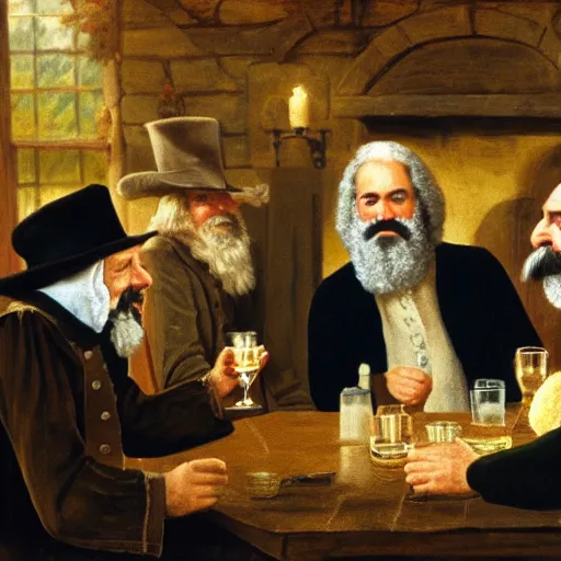 Image similar to the quaker oats man having a drink with ron jeremy at a round table in a tavern