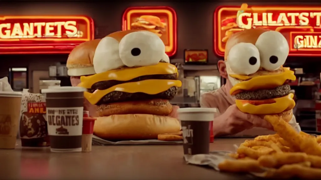 Prompt: the giants cheeseburger monster at the fast food place, film still from the movie directed by denis villeneuve and david cronenberg with art direction by salvador dali, wide lens