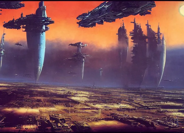 Image similar to cinematic matte painting, peter elson, chris foss, john berkey, terran trade authority