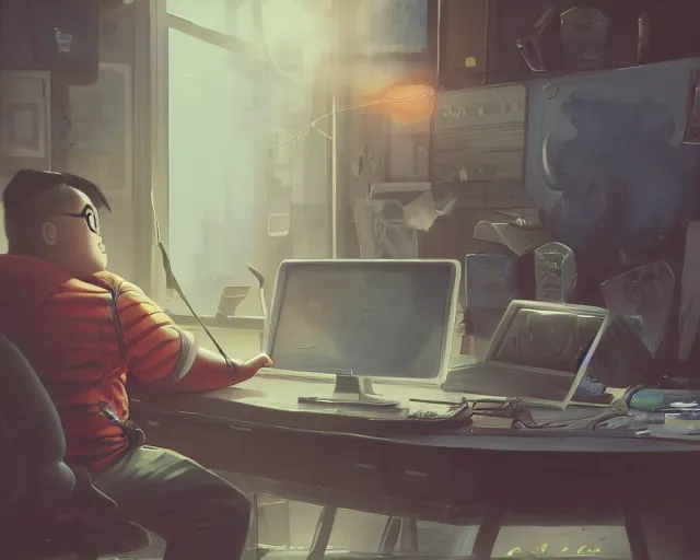 Image similar to an insanely detailed painting of a slightly chubby, nerdy asian man wearing a superhero costume, sitting at a desk, staring at the nervously at the computer and typing, in the style of peter mohrbacher, dramatic lighting and composition, octane render, pixar, trending on artstation, concept art, comic book, view from behind