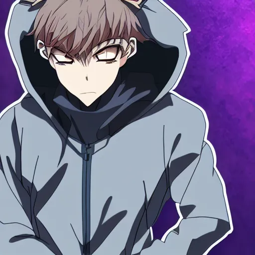 Image similar to key anime visual portrait closeup of a handsome male anthro wolf furry fursona with beautiful eyes, wearing a hoodie, official modern animation