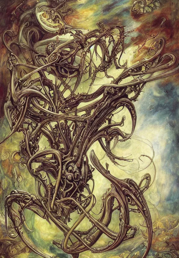Prompt: simplicity, elegant, colorful muscular eldritch, flowers, bodies, radiating, psychedelic, by h. r. giger and esao andrews and maria sibylla merian eugene delacroix, gustave dore, thomas moran, pop art, giger's biomechanical xenomorph, art nouveau