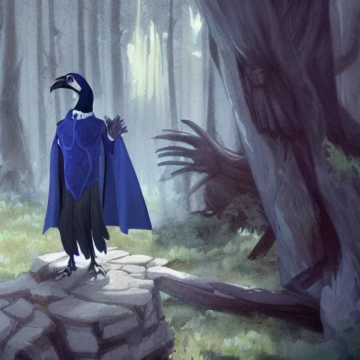 Image similar to concept art painting of an anthropomorphic albino raven wearing dark blue robes, in the deep forest, realistic, detailed, cel shaded, in the style of makoto shinkai and greg rutkowski and james gurney