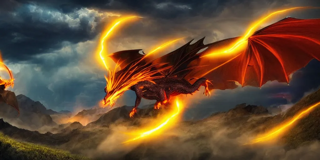 Image similar to a powerful flying fire Dragon fighting against a Wizard which shoots lightning in the foreground, big Mountains and wide forrests are in the Background, stormy weather at night ,cinematic Style, hyperrealistic