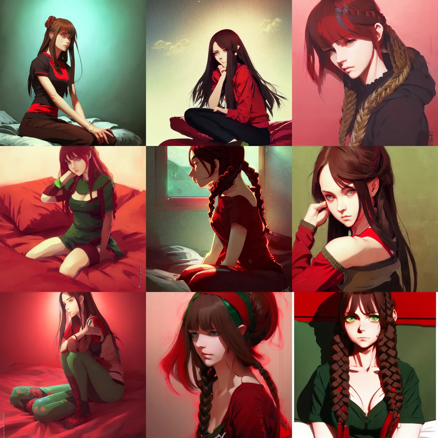 Prompt: beautiful woman with braided brown hair and green eyes, sitting on her bed, black and red colors, highly detailed, in the style of and ilya kuvshinov and greg rutkowski, high quality anime artstyle, intricate