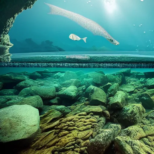 Prompt: underwater landscape view of Scottish Parliament, deep underwater, fish shoal, in style of Greg Rutkowki, dynamic lighting, 4k, very very very highly detailed, hyper realistic