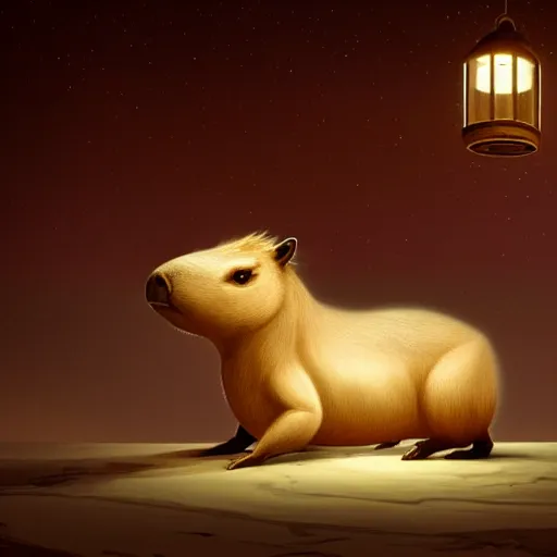 Image similar to beautiful digital fantasy illustration of a Birth Machine, Capybara pirate, keeping vigil over the salt flats, lights in the night, highly detailed, soft lighting, rendered in octane, masterpiece, very very very aesthetic, exquisite marble details!!!