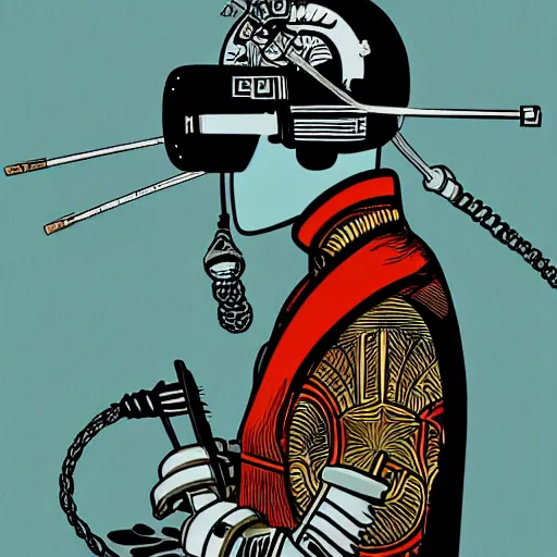 Image similar to !dream Illustrated by Shepard Fairey and H.R. Geiger | Cyberpunk Soviet Samurai with VR helmet, surrounded by cables