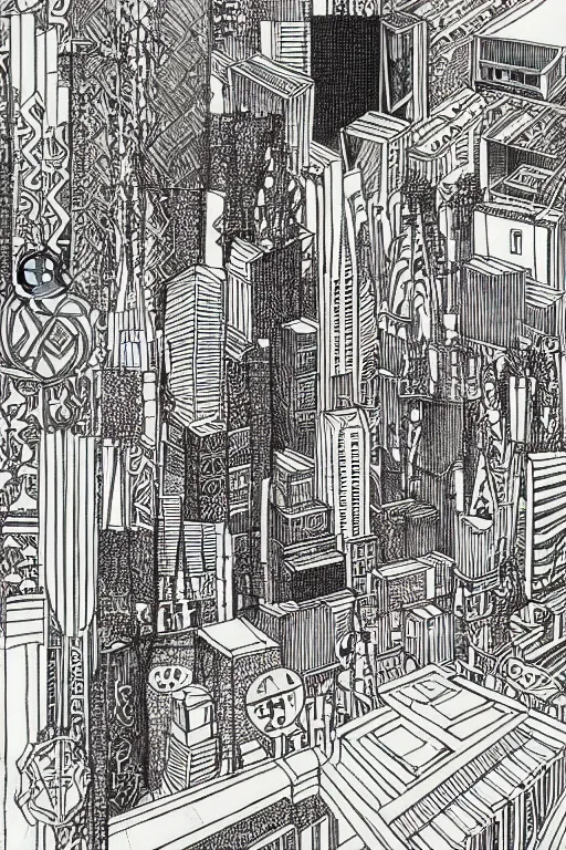 Prompt: a black and white drawing of a temple cityscape, a detailed mixed media collage by hiroki tsukuda and eduardo paolozzi and moebius, intricate linework, sketchbook psychedelic doodle comic drawing, geometric, street art, polycount, deconstructivism, matte drawing, academic art, constructivism