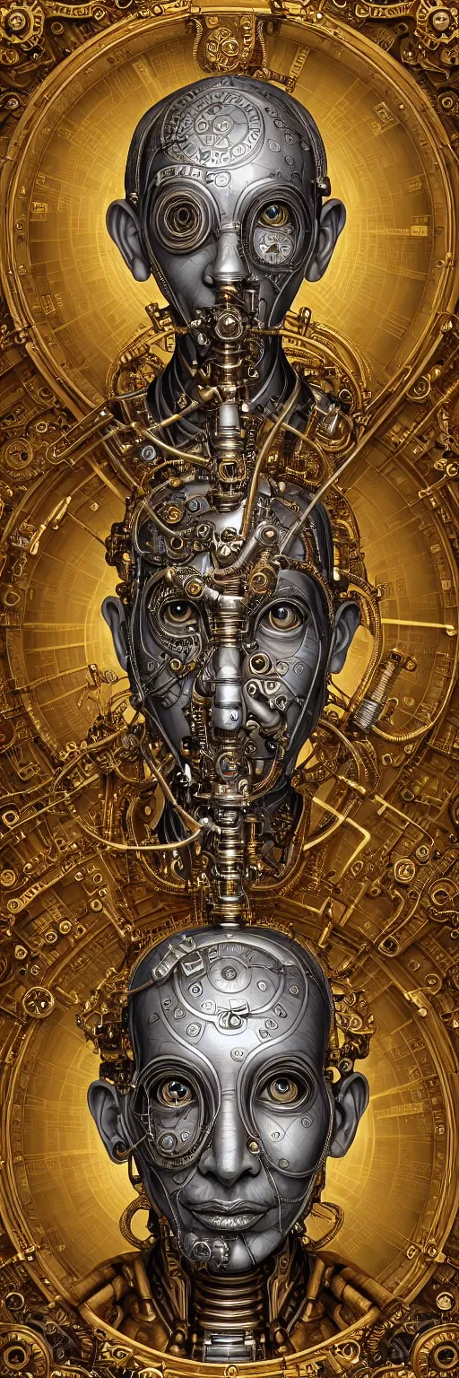 Image similar to seamless pattern of steampunk cybernetic biomechanical gandhi, symmetrical, front facing, 3 d model, very coherent symmetrical artwork, unreal engine realistic render, 8 k, micro detail, gold and steel intricate, elegant, highly detailed, digital painting, artstation, smooth, sharp focus, illustration, artgerm, tomasz alen kopera, wlop