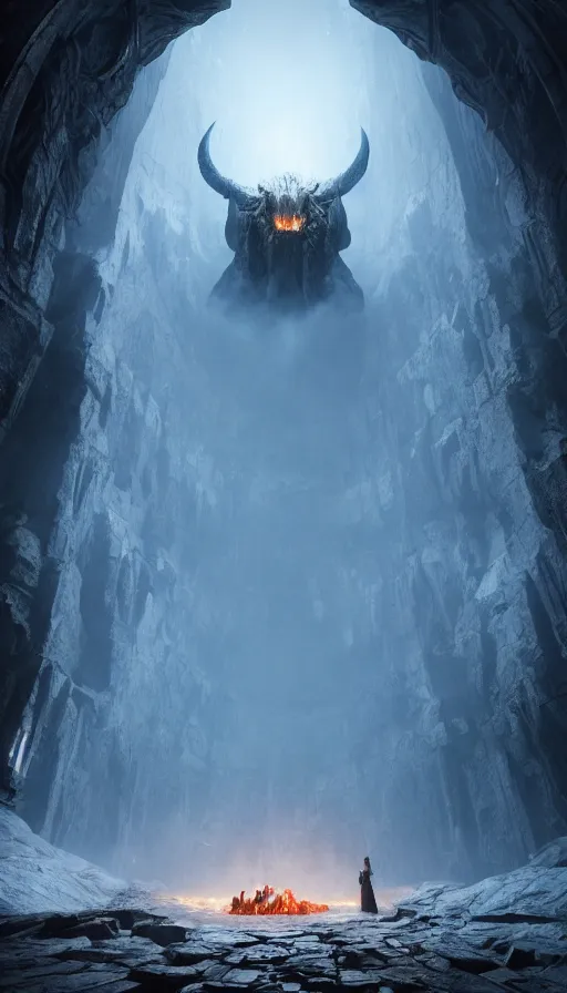 Image similar to The Balrog of Moria, epic portrait shot, cinematic lighting, Rendered Unreal Engine 5, film key art, Greg Rutkowski, Bloom, dramatic lighting