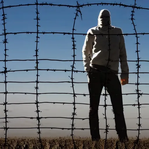 Image similar to a man standing in front of a fence with barbed wire, minimalism, dystopian art