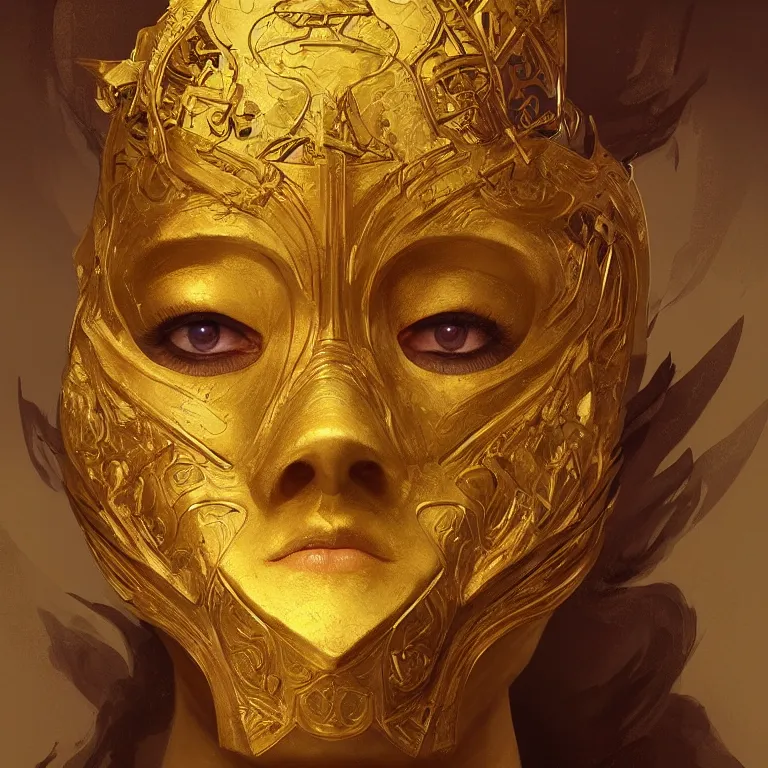 Image similar to portrait of a golden mask with three faces, D&D, fantasy, highly detailed, digital painting, artstation, smooth, sharp focus, illustration, art by artgerm and greg rutkowski and alphonse mucha