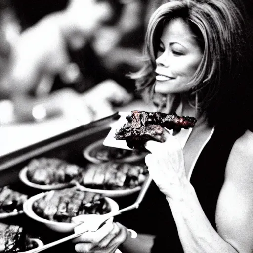 Image similar to Brooke Burke eating bbq ribs, closeup, intricate, elegant, highly detailed, photographed by ansel adams, sharp focus, black and white photography