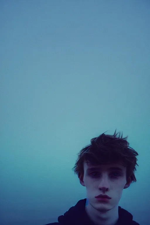 Image similar to high quality pastel coloured film mid angle selfie photograph of a beautiful young 2 0 year old male, soft features, standing in an icelandic black rock environment. atmospheric. three point light. photographic. art directed. ( pastel colours ). volumetric light. stark. waves glitch. 8 k. filmic.