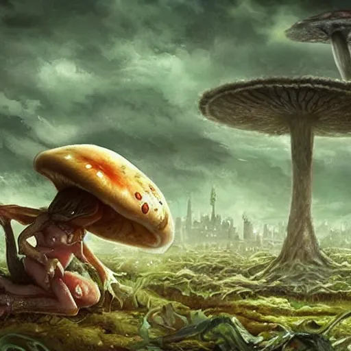 Image similar to A scary godlike fairy killing a frog. award winning. superb resolution. in the art style of junji Ito and greg rutkowski . Detailed Mushroom city in background. Hyper realistic anime. Perfect art. Dalle2