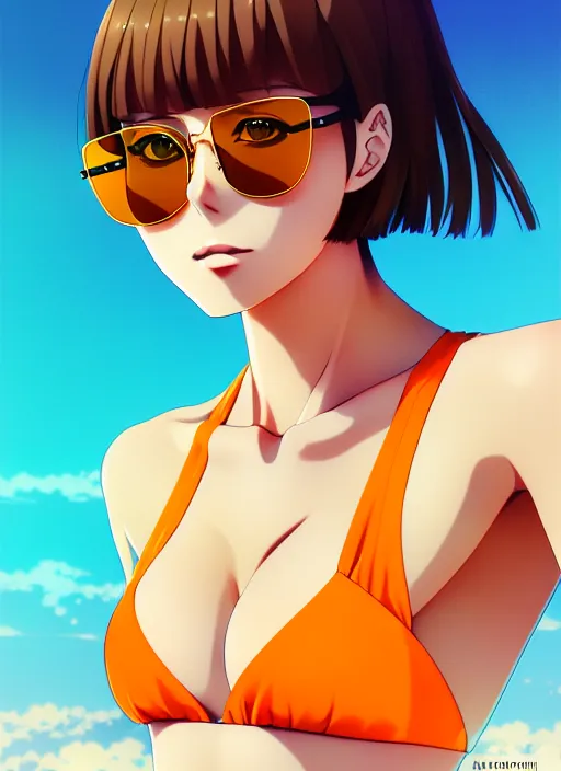 prompthunt: anime portrait of a handsome woman, brown hair, yellow - orange  eyes, wearing sunglasses and two - piece swimsuit, ilya kuvshinov, anime,  pixiv top monthly, trending on artstation, cinematic, danbooru, zerochan