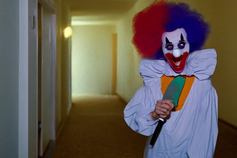 Prompt: cute clown cosplayer holding knife in porcelain hallway, in 2 0 5 5, y 2 k cybercore, low - light photography, bathed in the glow of a crt monitor, still from a ridley scott movie