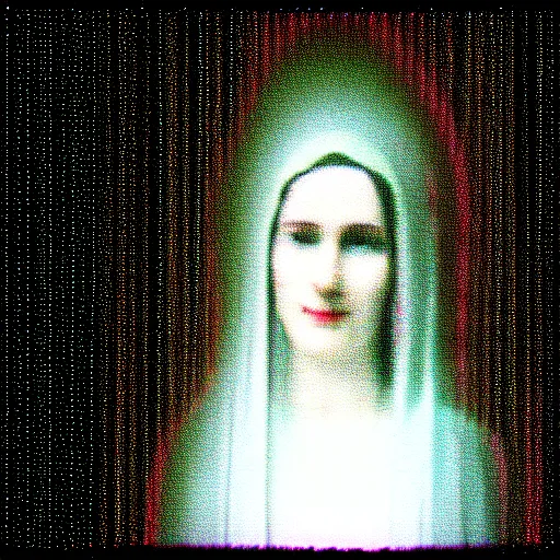 Image similar to vhs static overlay of marian apparition, vhs, 1 9 9 0, highly realistic, highly detailed, vhs noise static, black and white, vhs glitch