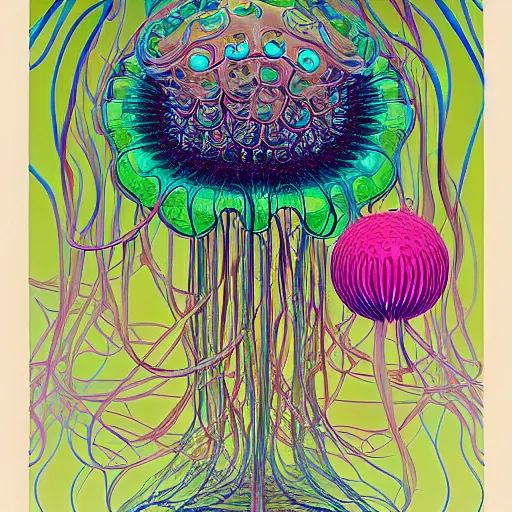 Image similar to weird jellyfish by jeff koons, m. c. escher, zdzisław beksinski, beeple, rutkowski, and alphonse mucha, chihuly