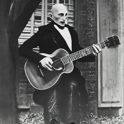 Image similar to vintage photograph of count orlok outside his castle, playing the blues on guitar, castle in the background, 4 k