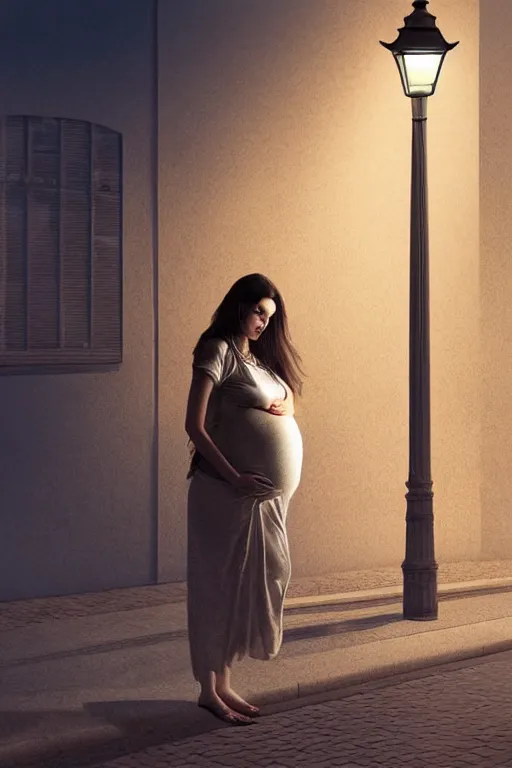 Prompt: pregnant woman under street light, highly detailed, sharp focused, ultra realistic digital concept art by Eugenio Álvarez Dumont