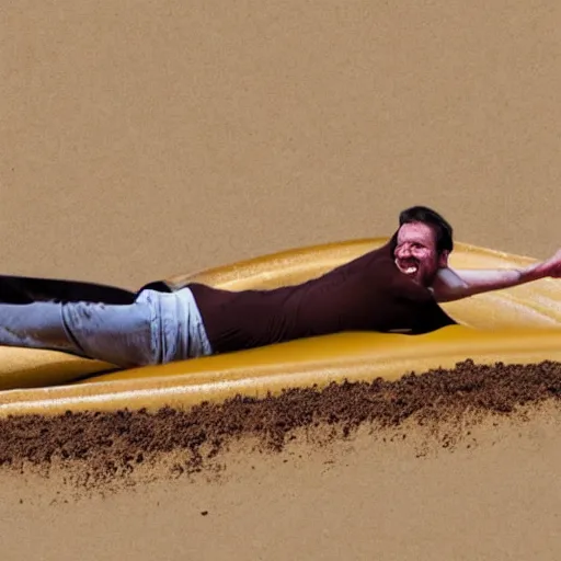 Image similar to a man gliding down a brown pudding slip n slide