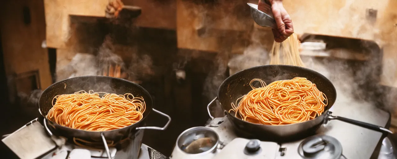 Prompt: medium shot of spaghetti being cooked in a large pot, home kitchen, sharply focused, canon 5 0 mm, wes anderson film, kodachrome