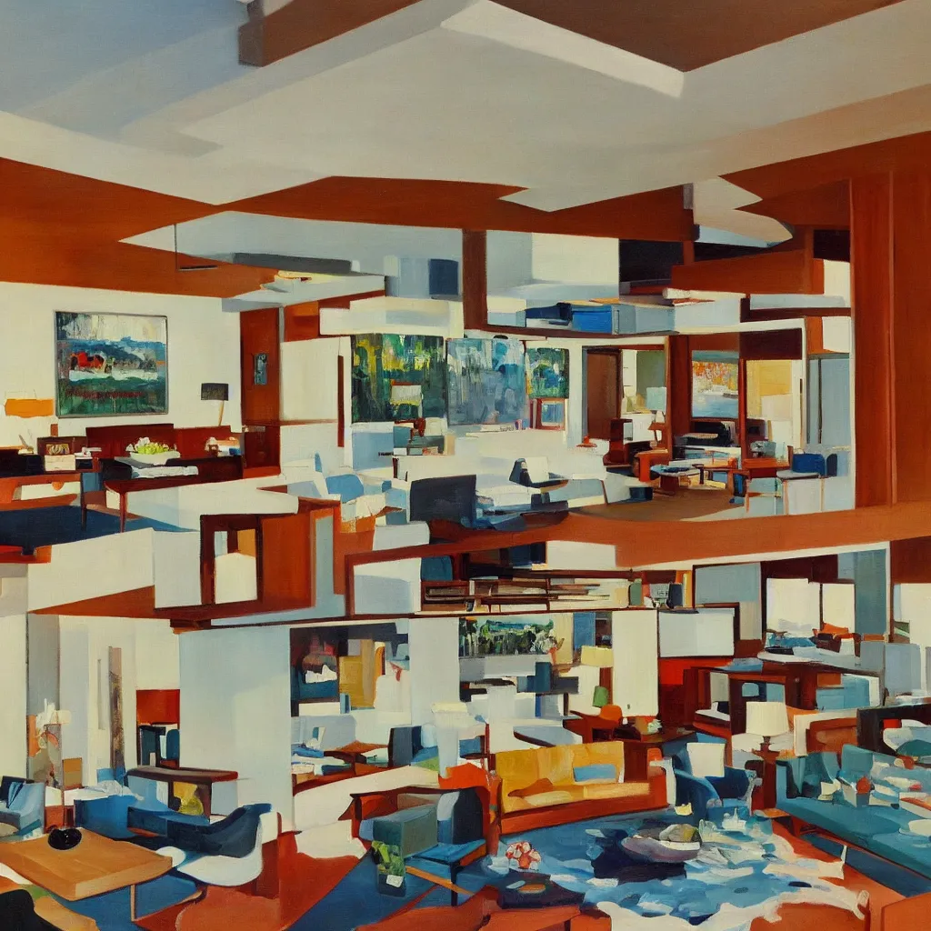 Image similar to an oil painting of the interior of a mid century modern house designed by both frank lloyd right and richard sera in palm springs